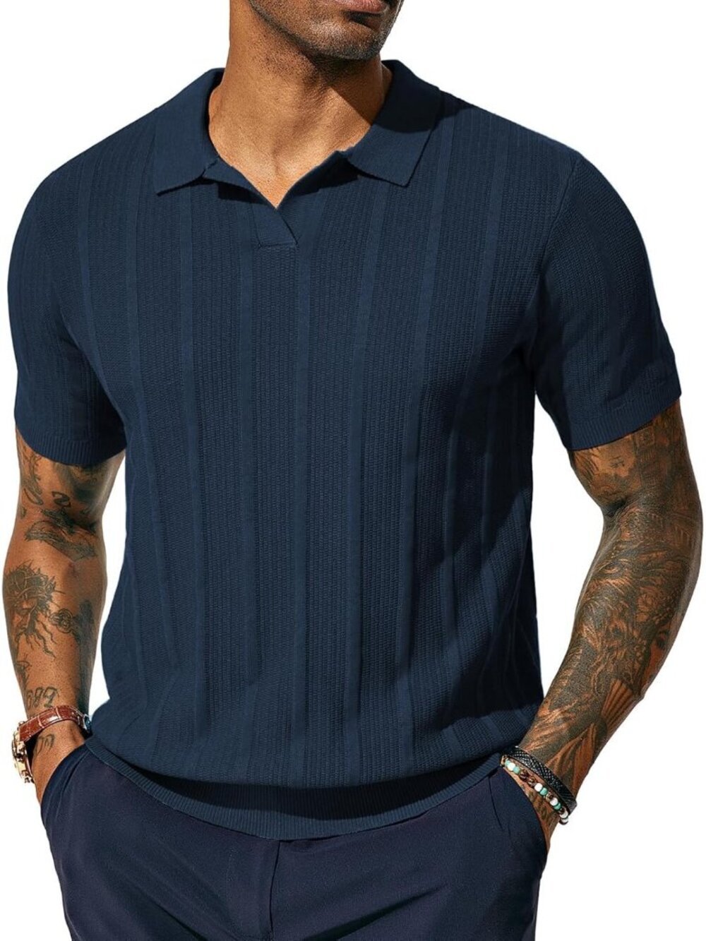 Men's Royal Blue Button Polo Shirts Regular Fit Textured V-Neck Imported Golf